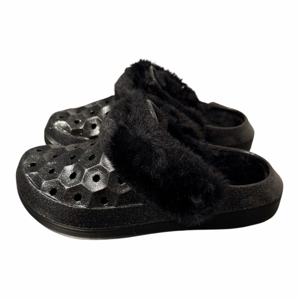 NEW Joybees Black Glitter Sparkly Clogs Slip On Shoes Lined W/ Faux Fur